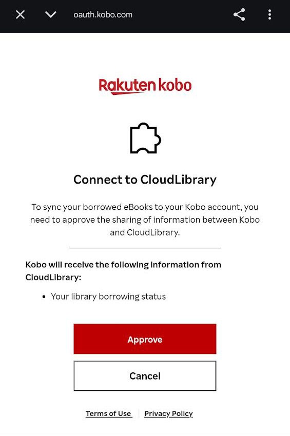 Captura de pantalla: text per aprovar que Kobo es connecti a CloudLibrary