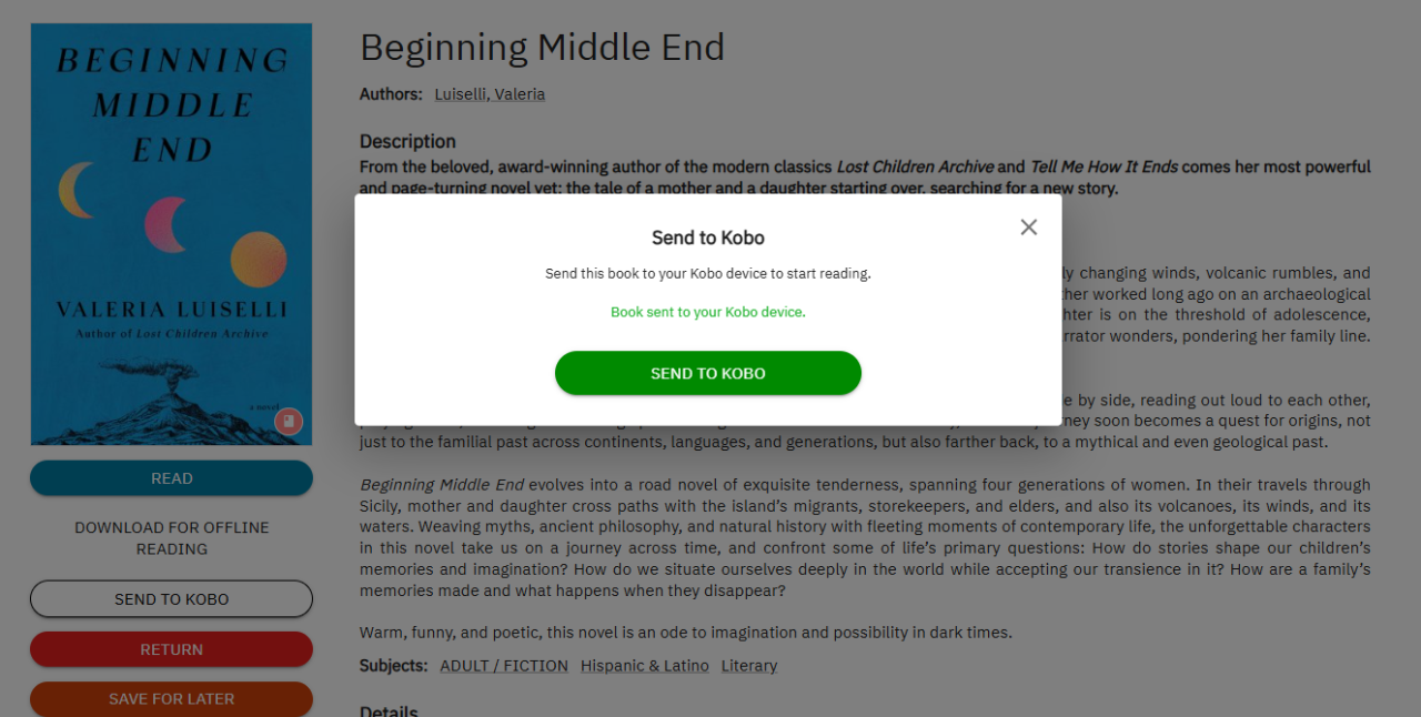 Screenshot: CloudLibrary web send to kobo