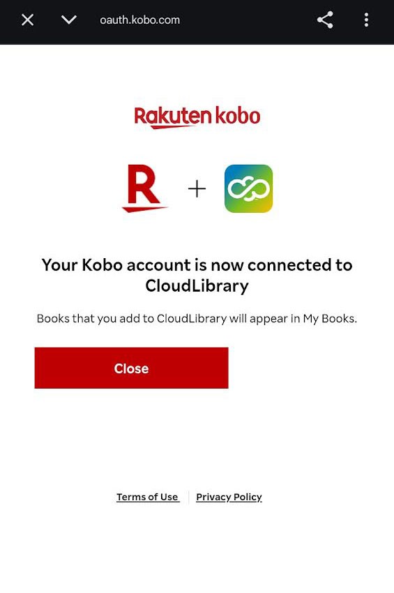 Screenshot: Kobo app Your Kobo account is now connected