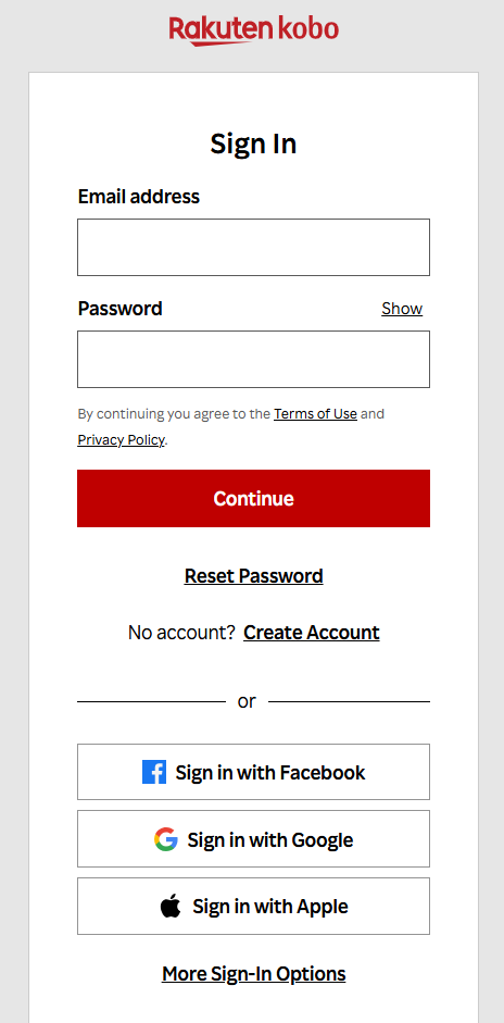 Screenshot: Kobo web login