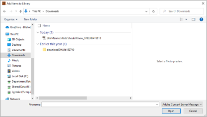 Captura de pantalla: "Abrir archivo" de Adobe Digitial Editions