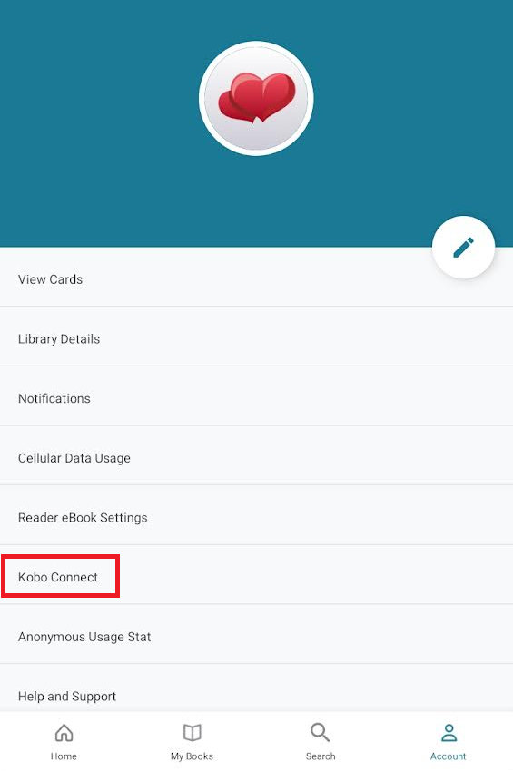 Captura de pantalla: Opciones del menú de la cuenta de CloudLibrary