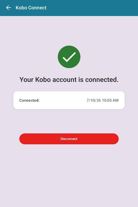 Captura de pantalla: Aplicación Cloud Library: su cuenta de Kobo ya está conectada