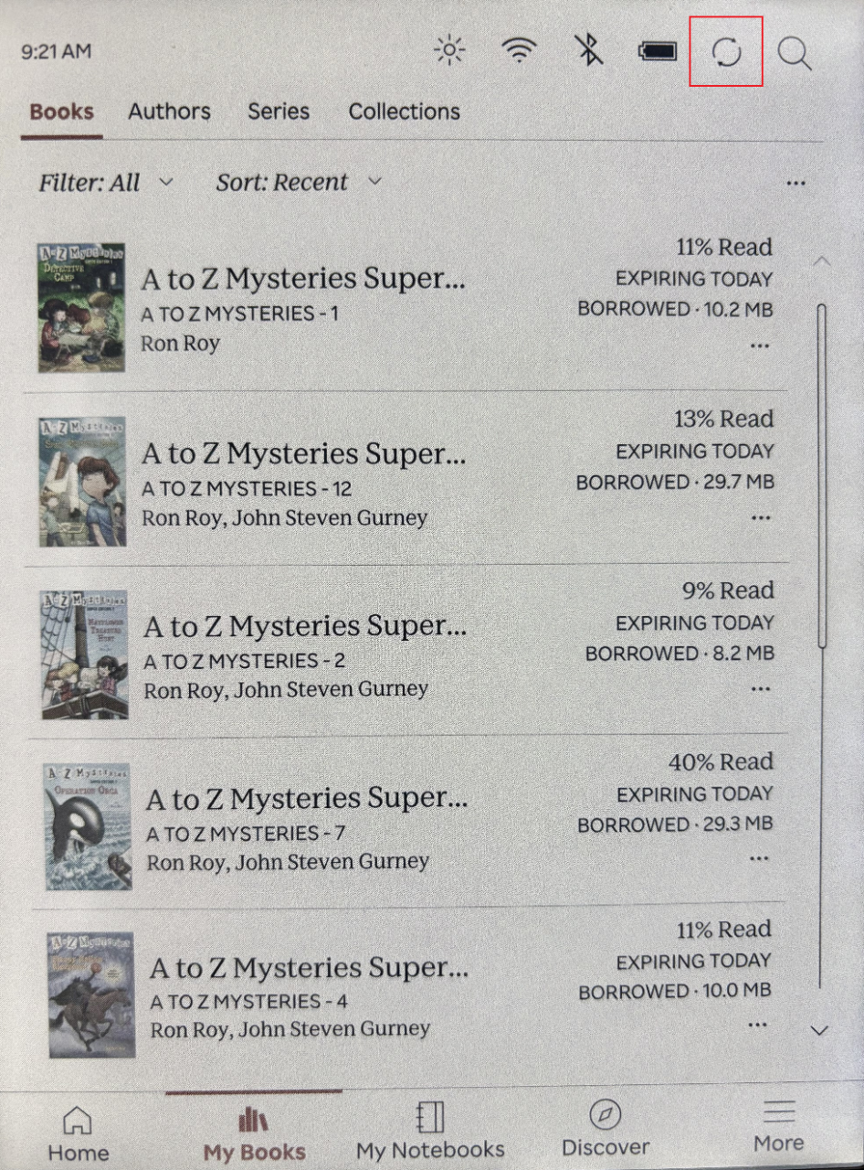 Captura de pantalla: Dispositivo Kobo: Lista de mis libros