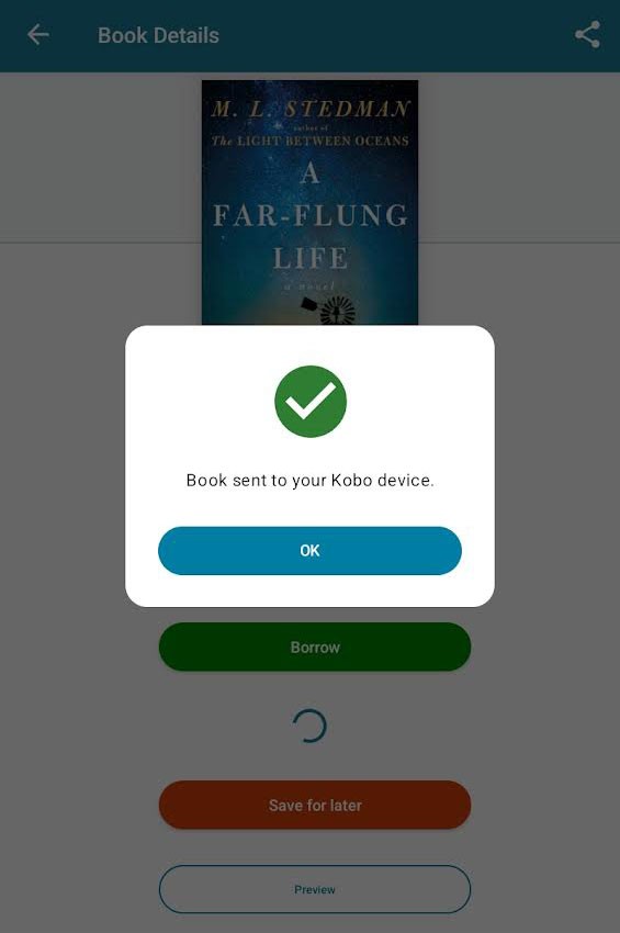 Captura de pantalla: La aplicación web CloudLibrary envía libros a su dispositivo Kobo