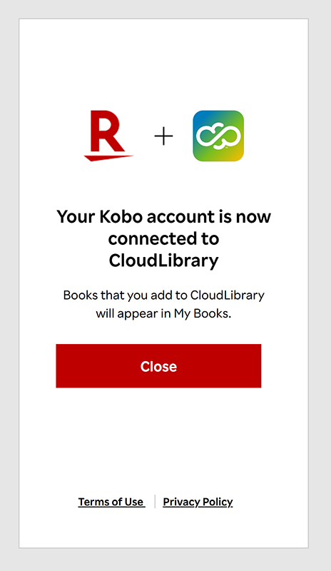 Captura de pantalla: Página web de Kobo: su cuenta de Kobo ya está conectada a Cloud Library