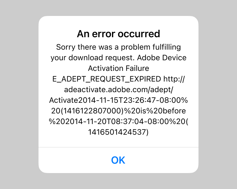 Captura de pantalla: Mensaje de error de Adobe Fulfillment