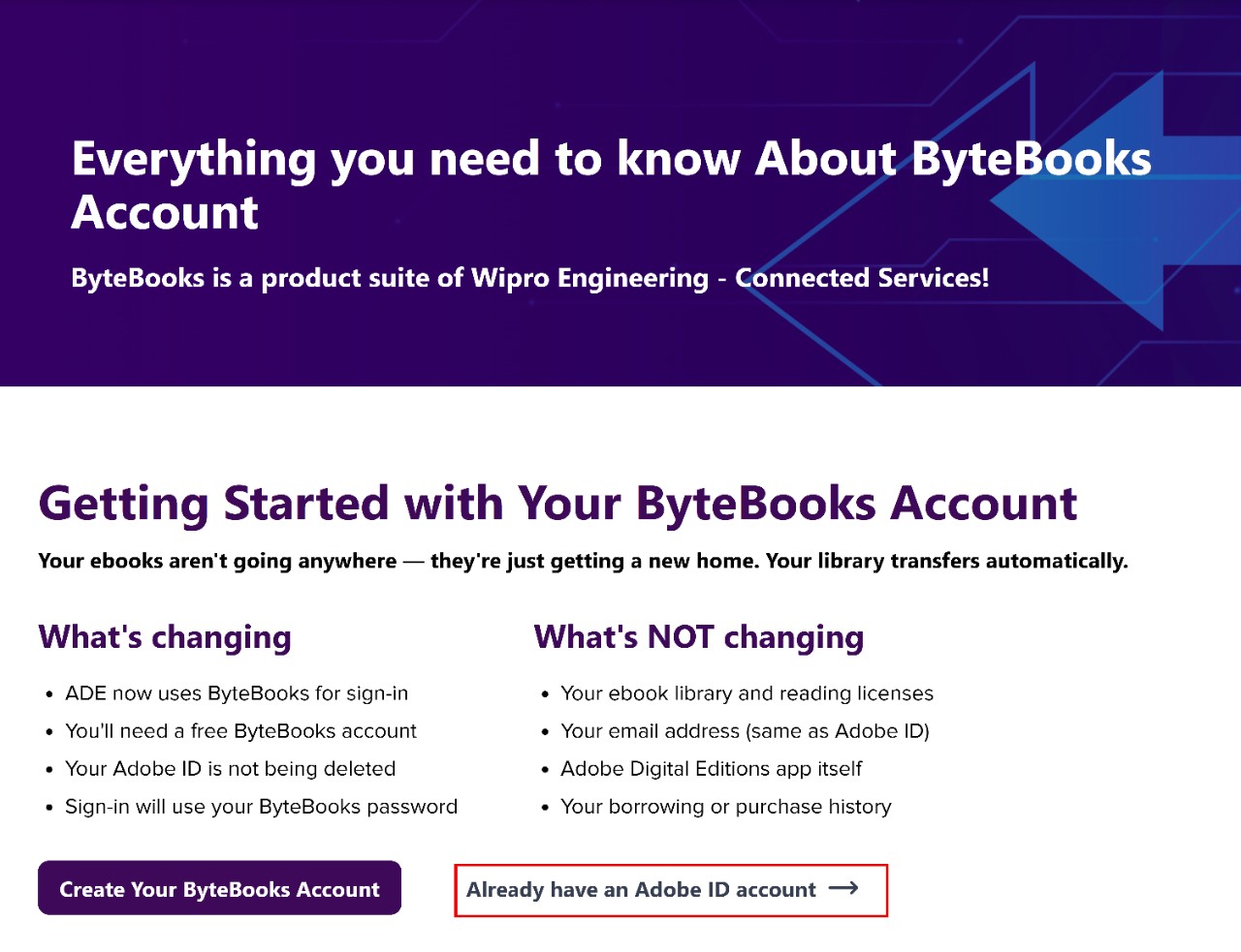 Capture d'écran : premiers pas avec votre compte ByteBooks si vous avez déjà un ID de compte Adobe.
