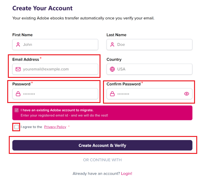 Capture d'écran : écran Créez votre compte, j'ai déjà un compte Adobe à migrer.