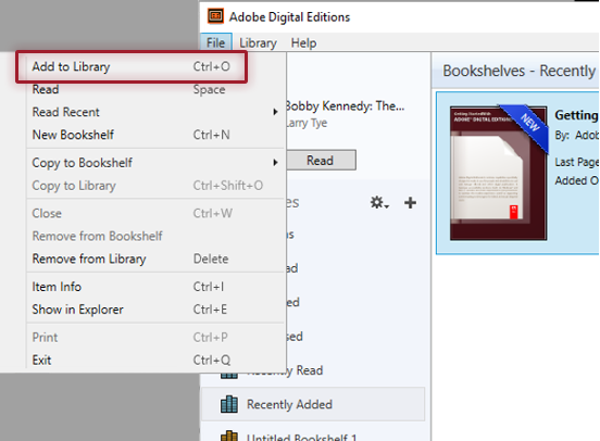 Capture d'écran : ajouter à la bibliothèque dans Adobe Digitial Editions